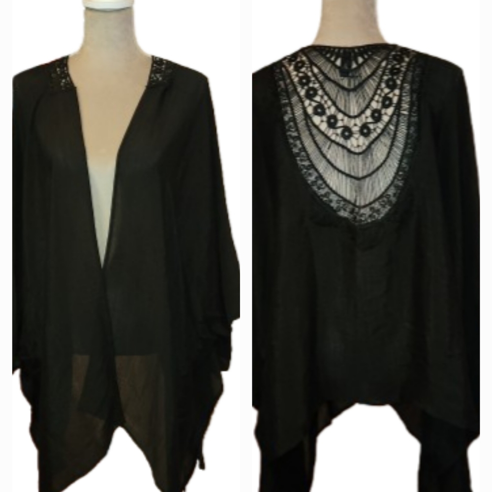 Lane Bryant Black Open Front Kimono One Size Neck Crochet Lace Cover Up Light